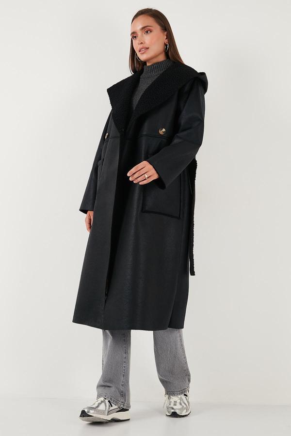 Lela Çift Taraflı Kapüşonlu Oversize Uzun Bayan Kaban 6810295 SİYAH - Image 1