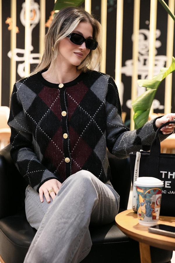 Lela Regular Fit Bisiklet Yaka Baklava Desenli Düğmeli Crop Bayan Hırka 4615570 SİYAH - Image 1