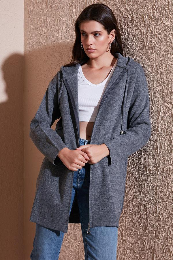 Lela Modest Regular Fit Kapüşonlu Tesettür Triko Bayan Hırka 4616176 ANTRASİT - Image 1