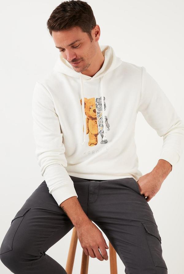 Buratti Baskı Detaylı Pamuklu Kapüşonlu Slim Fit Erkek Sweat 5905236 EKRU - Image 1