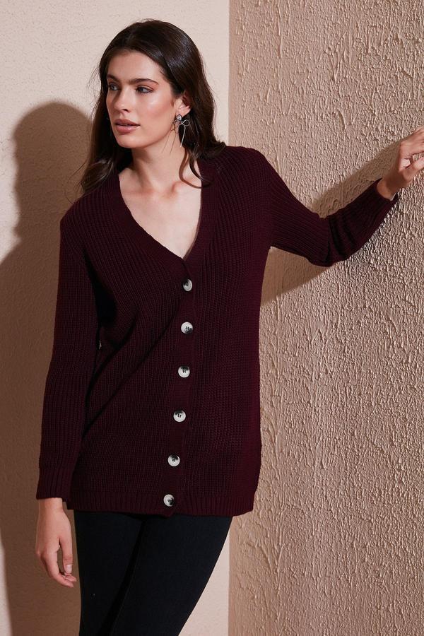 Lela Regular Fit V Yaka Düğmeli Triko Örme Uzun Bayan Hırka 4615044 BORDO - Image 1
