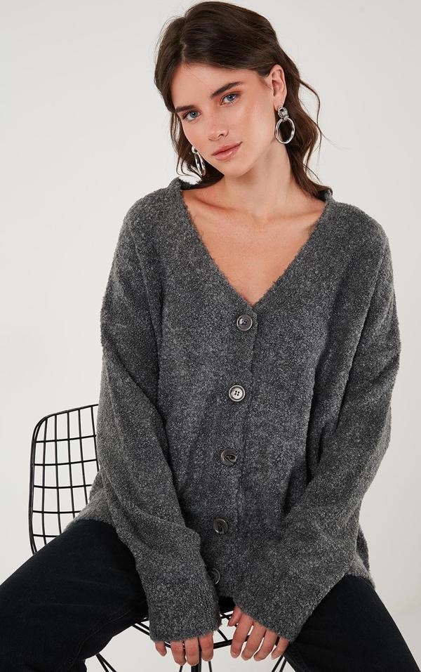 Lela Oversize Fit Düğmeli V Yaka Uzun Kollu Triko Bayan Hırka 4616232 ANTRASİT - Image 1