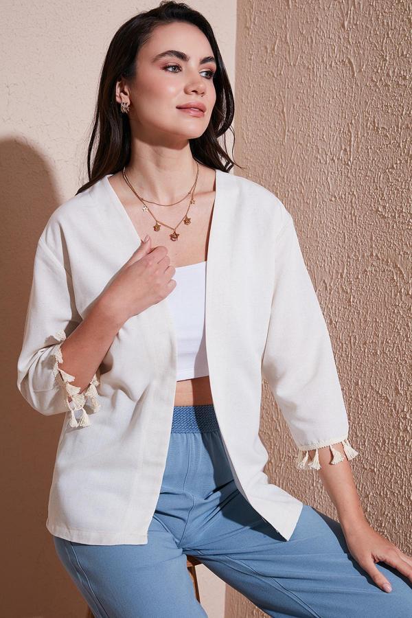 Lela Pamuk ve Keten Karışımlı Püskül Detaylı Regular Fit Uzun Kimono Bayan Hırka 5869015 BEJ - Image 1