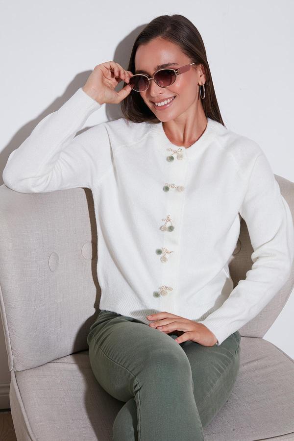 Lela Premium Regular Fit Bisiklet Yaka Fiyonk Detaylı Bayan Hırka 6802939 EKRU - Image 1