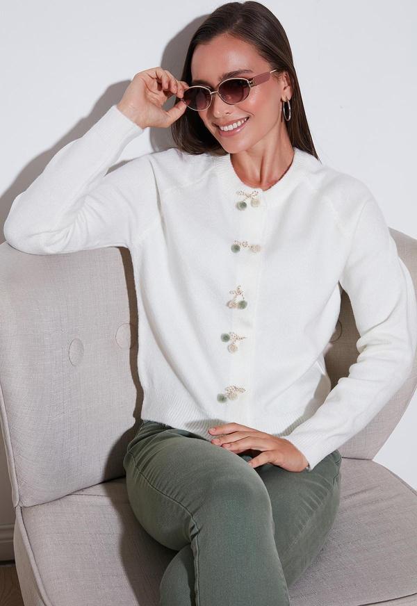 Lela Premium Regular Fit Bisiklet Yaka Fiyonk Detaylı Bayan Hırka 6802939 EKRU - Image 1
