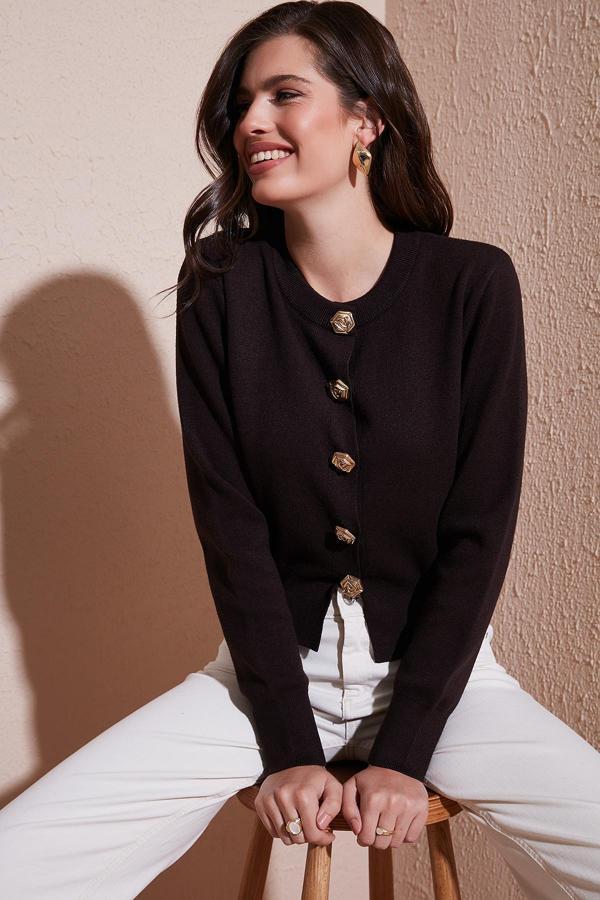 Lela Premium Regular Fit Yuvarlak Yaka Crop Triko Bayan Hırka 680HI00110 KAHVE - Image 1