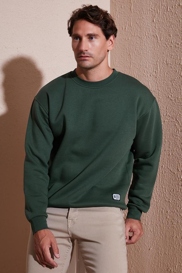 Buratti Regular Fit Bisiklet Yaka Pamuklu İçi Tüylü Yumuşak Şardonlu Erkek Sweat 5905255 NEFTİ - Image 1