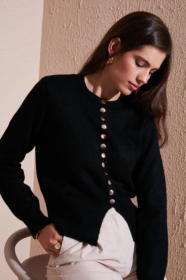 Lela Premium Comfort Fit Yuvarlak Yaka Crop Triko Bayan Hırka 680HI00164 SİYAH - Image 1