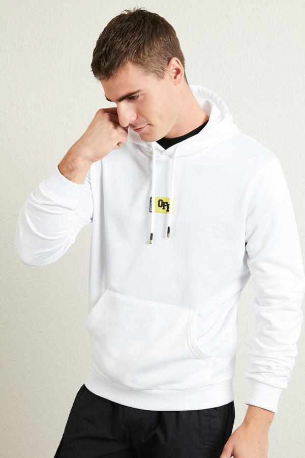 Buratti Slim Fit Kanguru Cepli Kapüşonlu Şardonlu Kışlık Erkek Sweat 5896589 BEYAZ - Image 1