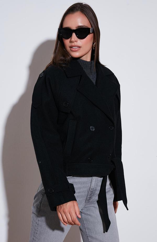 Lela Pamuklu Regular Fit Yumuşak Dokulu Kaşe Kısa Bayan Kaban 6810286 SİYAH - Image 1