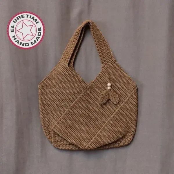 Uretti - Emine 9106 - 5065 El Örgüsü Ahşap Boncuk Detaylı Omuz Çantası - Açık Kahve - Image 1