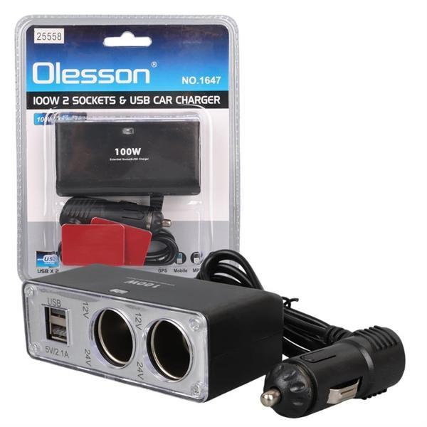 Olesson 1647 12-24V Çift USB Girişli 100W 70cm Kablolu 2'li Araç Çakmak Çoklayıcı - Image 1