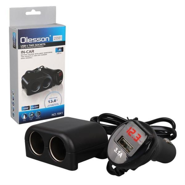 Olesson 1641 12-24V Çiftli Usbli 120W 80Cm Kablolu Dijital Ekranlı Araç Çakmak Çoklayıcı - Image 1