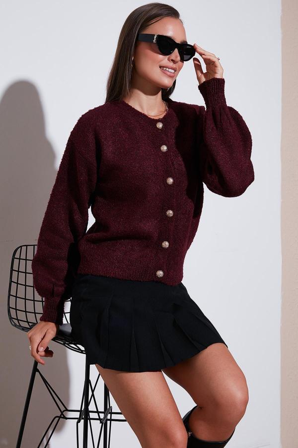 Lela Premium Regular Fit Bisiklet Yaka Yumuşak Dokulu Bayan Hırka 680HI00147 BORDO - Image 1