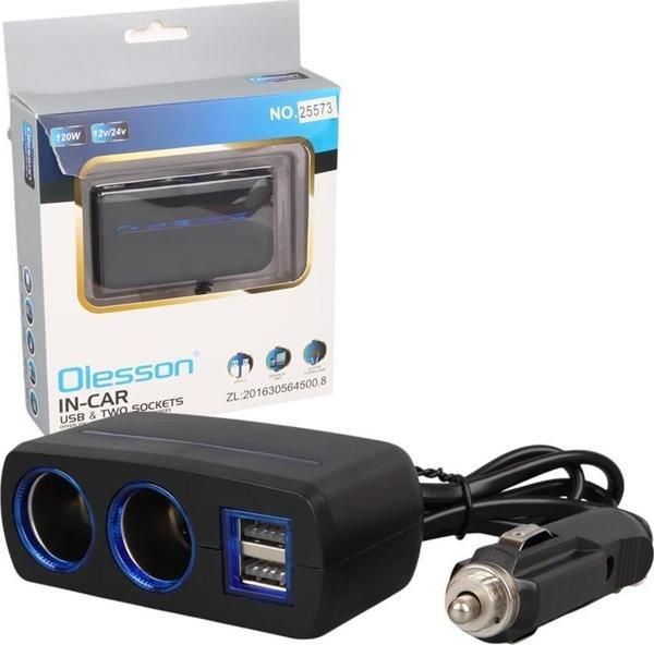 Olesson 1638 12-24V Çift USB Girişli 120W 80 CM Kablolu 2'LI Araç Çakmak Çoklayıcı - Image 1