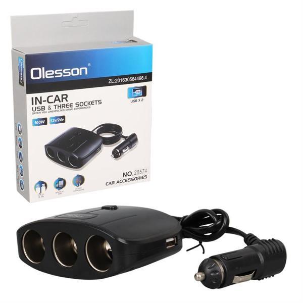 Olesson 1635 12-24V Çift USB Girişli 100W 70 CM Kablolu 3'LÜ Araç Çakmak Çoklayıcı 100x66x40mm - Image 1