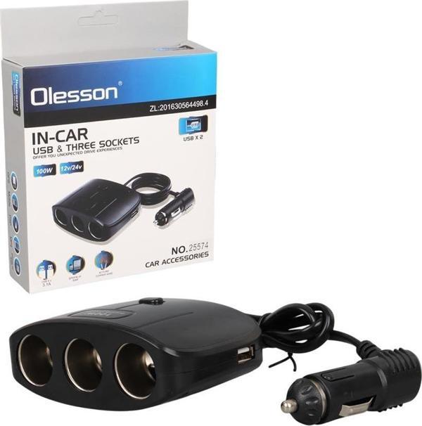 Olesson 1635 12-24V Çift USB Girişli 100W 70 CM Kablolu 3'LÜ Araç Çakmak Çoklayıcı 100x66x40mm - Image 1