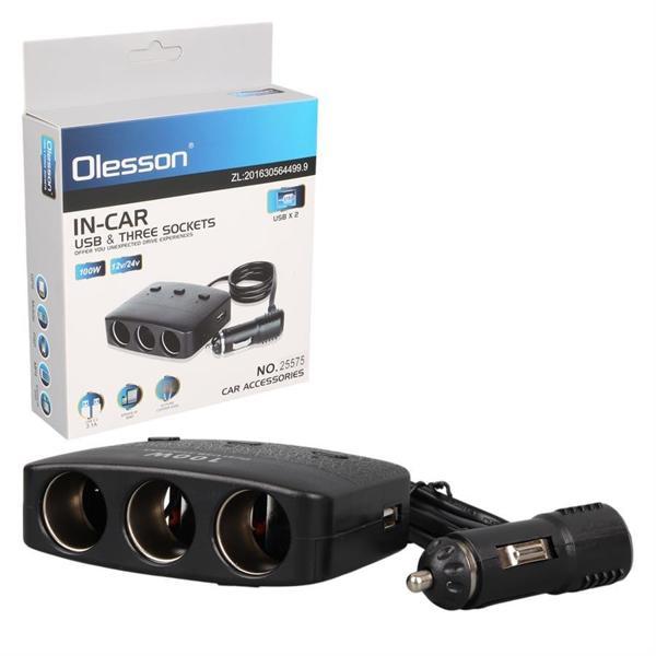 Olesson 1636 12-24V Çift USB Girişli 100W 70 CM Kablolu 3'LÜ Araç Çakmak Çoklayıcı - Image 1