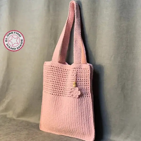 Uretti - Emine 9106 El Örgüsü Çiçek Motifli Kol Çantası - Pudra - Image 1