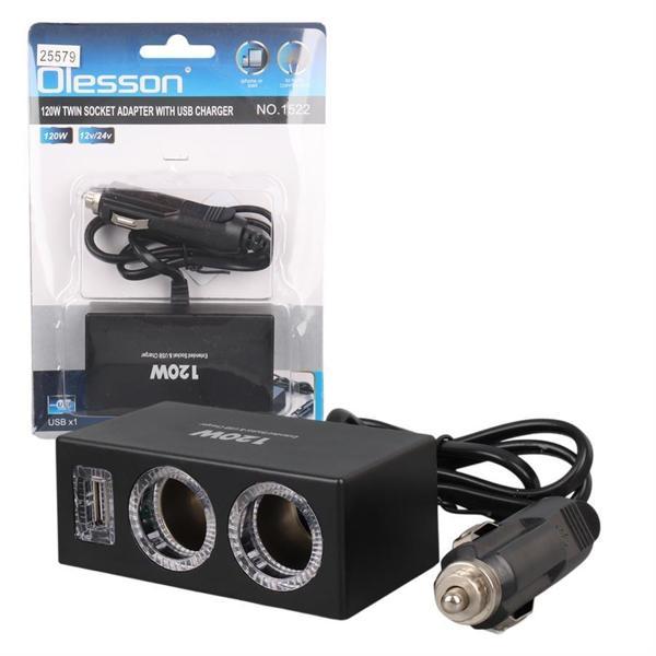 Olesson 1522 12-24V Tek USB Girişli 120W 80cm Kablolu 2'li Araç Çakmak Çoklayıcı - Image 1