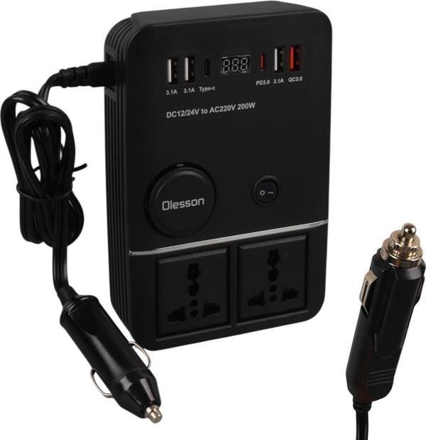 Olesson 1661 DC 12-24V 200W Oto Araç Power İnverter 2x Çakmak Girişi - 2x TYPE-C - 4x USB - 2x 220V Üniversal Priz - Image 1