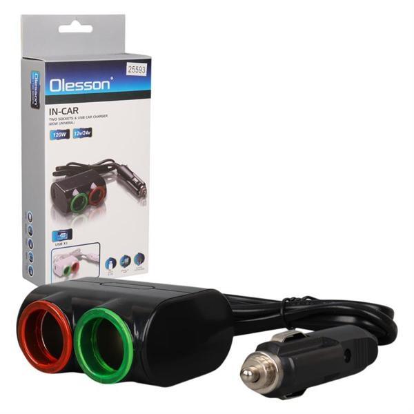 Olesson 1631 12-24V Tek USB Girişli 120W 80cm Kablolu 2'LI Araç Çakmak Çoklayıcı - Image 1