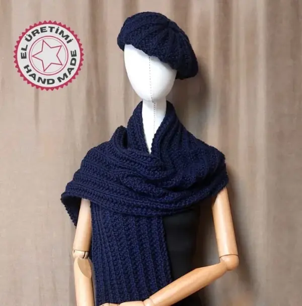 Uretti - Emine 9106 4086 El Örgüsü Bere Ve Kaşkol Takımı - Lacivert - Image 1