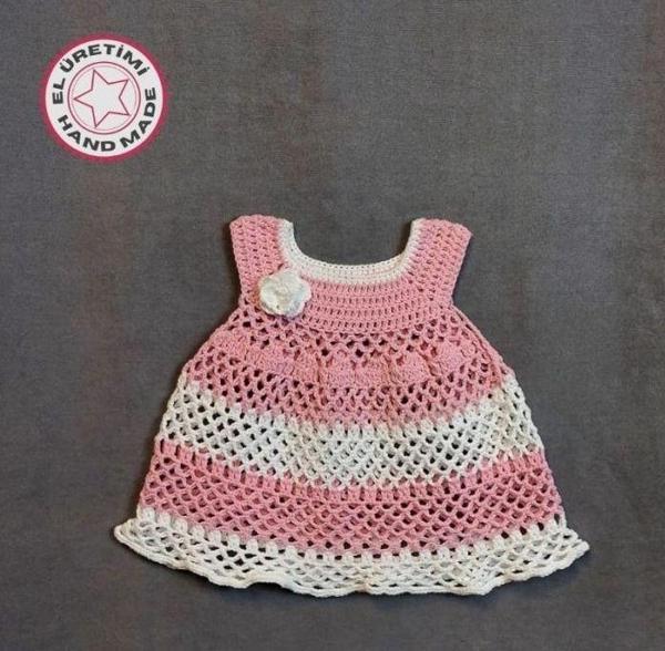 Uretti - Talia 8659 1429 El Örgüsü Koton İp Kız Çocuk Elbise - 1 Yaş / Pembe - Beyaz - Image 1