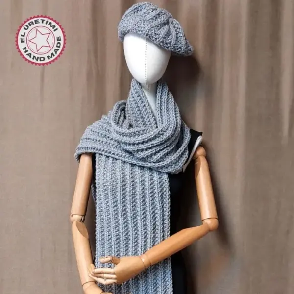 Uretti - Emine 9106 4137 El Örgüsü Bere Ve Kaşkol Takımı - Gri - Image 1