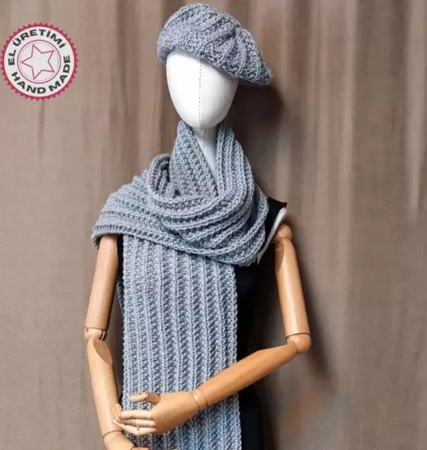 Uretti - Emine 9106 4137 El Örgüsü Bere Ve Kaşkol Takımı - Gri - Image 1