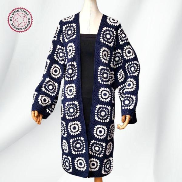 Uretti - Yıldız 7202 7297 El Örgüsü Lacivert Pamuk İp Örgü Kadın Günlük Ceket / Hırka - 40/42/44 - Image 1