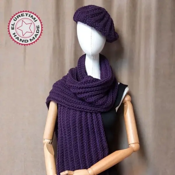 Uretti - Emine 9106 0246 El Örgüsü Bere Ve Kaşkol Takımı - Mor - Image 1
