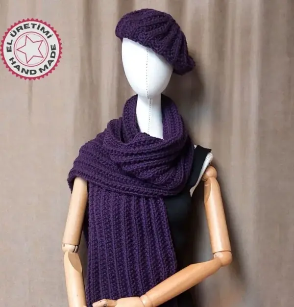 Uretti - Emine 9106 0246 El Örgüsü Bere Ve Kaşkol Takımı - Mor - Image 1