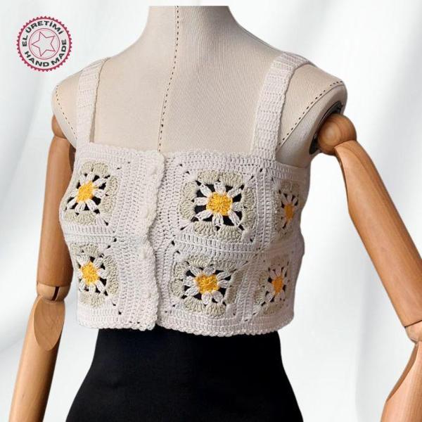 Uretti - Yıldız 7202 4745 El Örgüsü Yazlık Beyaz Kadın Büstiyer / Crop Bluz - 36/38/40 - Açık Yeşil - Image 1