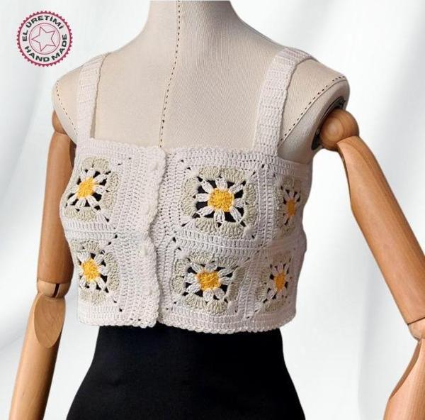Uretti - Yıldız 7202 4745 El Örgüsü Yazlık Beyaz Kadın Büstiyer / Crop Bluz - 36/38/40 - Açık Yeşil - Image 1