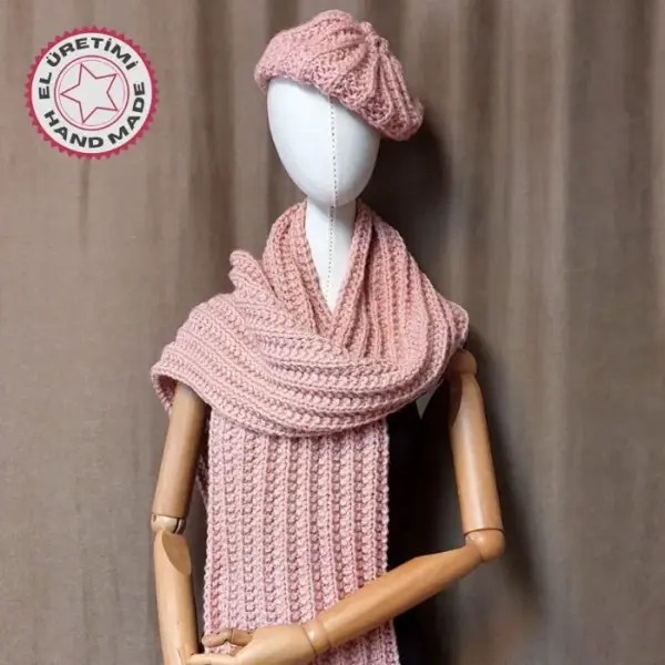 Uretti - Emine 9106 8508 El Örgüsü Bere Ve Kaşkol Takımı - Pembe - Image 1