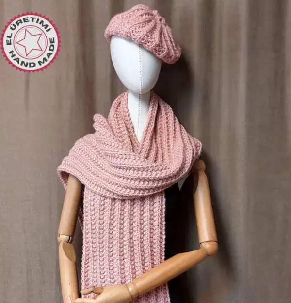 Uretti - Emine 9106 8508 El Örgüsü Bere Ve Kaşkol Takımı - Pembe - Image 1
