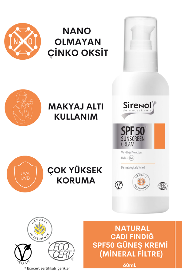 Sirenol Natural Cadı Fındığı SPF50 Güneş Kremi (Mineral Filtre) 60 mL - Image 1