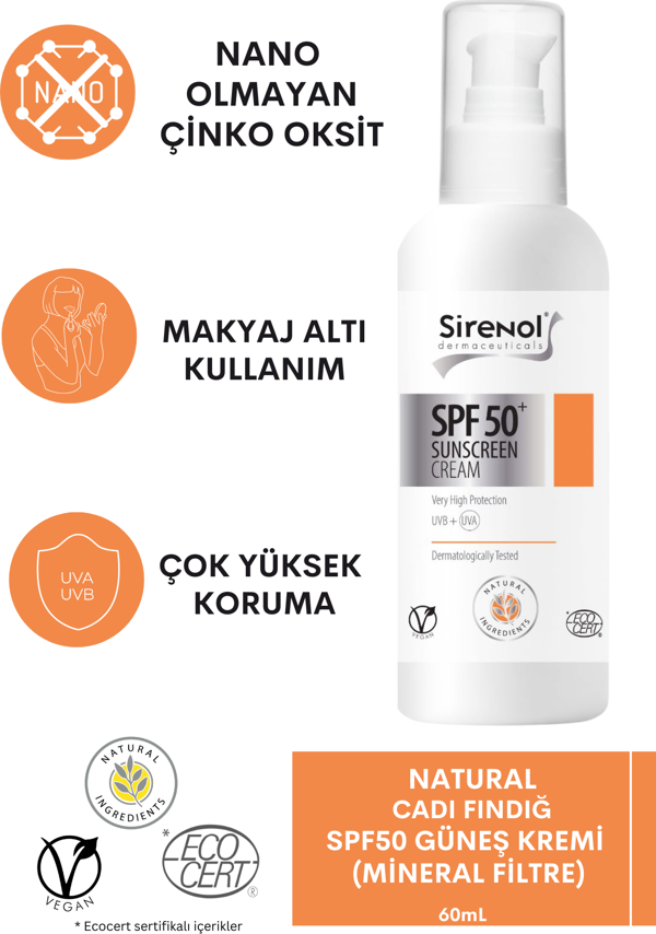 Sirenol Natural Cadı Fındığı SPF50 Güneş Kremi (Mineral Filtre) 60 mL - Image 1