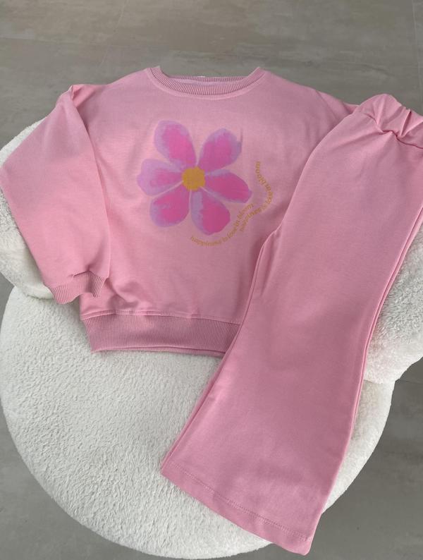 Kız Çocuk Sweatshirt & Pantolon Takımı – Çiçek Baskılı, Pembe - Image 1