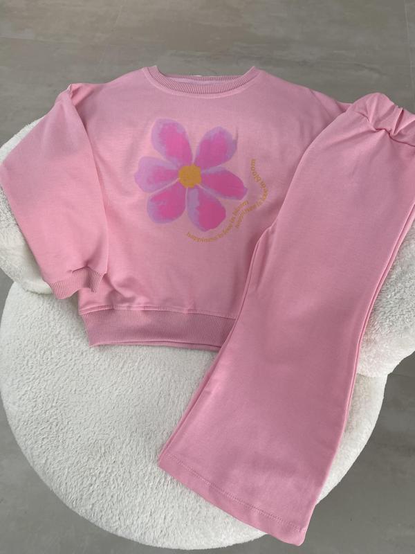 Kız Çocuk Sweatshirt & Pantolon Takımı – Çiçek Baskılı, Pembe - Image 1