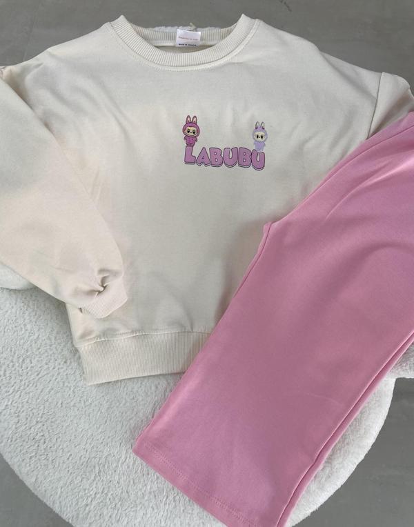 LABUBU Karakter Baskılı Çocuk Takımı – Krem&Pembe - Image 1