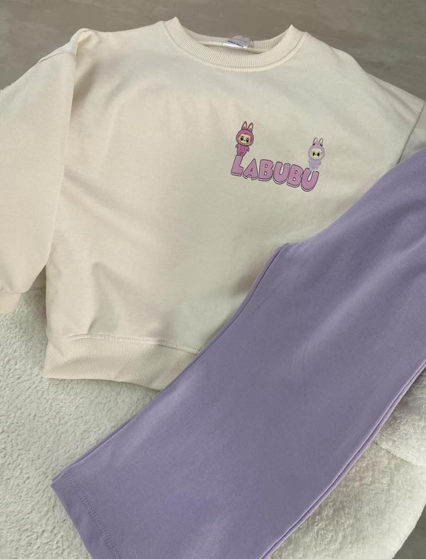 LABUBU Karakter Baskılı Çocuk Takımı – Krem&Lila - Image 1