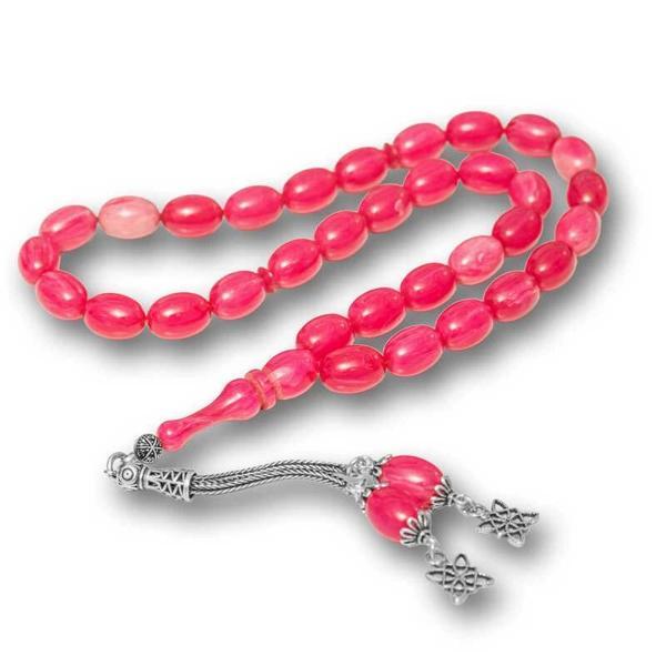 Supertrend Gümüş Püsküllü Pembe Sıkma Kehribar Tesbih - Image 1