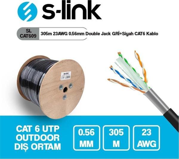 S-link SL-CAT609 305m 23AWG 0.56mm CCA Double Jack GRİ+Siyah Dış Mekan - Image 1