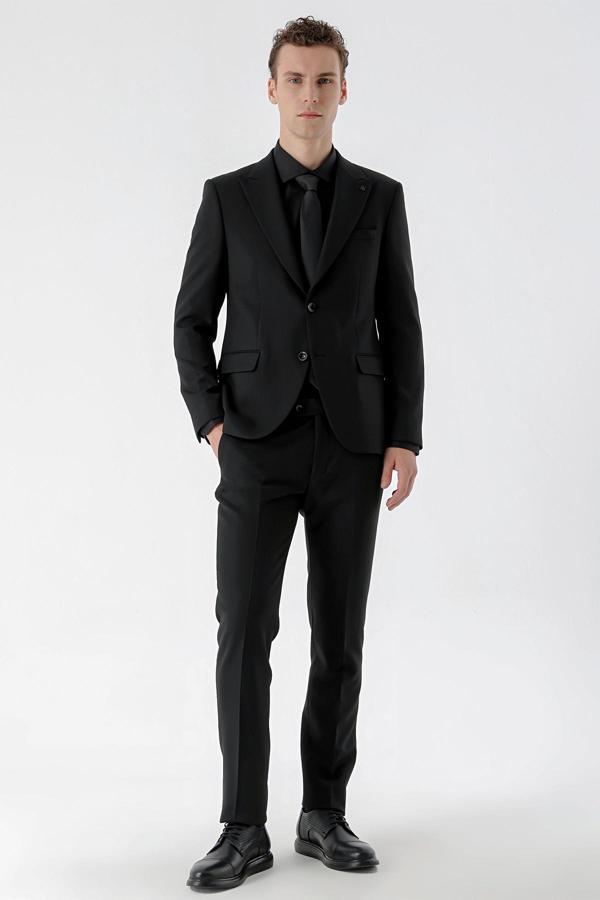 Erkek Siyah Basic Düz Slim Fit Takım Elbise (GÖMLEK,KRAVAT HEDİYE) - Image 1