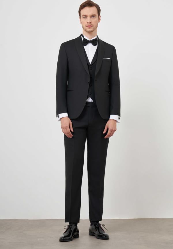  Erkek Siyah Poliviskon Ceromonia Santorini Slim Fit Şal Yaka Damatlık - Image 1