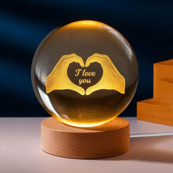 Romantik "I Love You" Yazılı 3D LED Işıklı Kristal Cam Küre Gece Lambası - Image 1