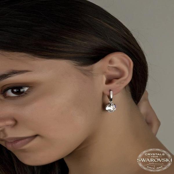 Supertrend Swarovski Crystal Taşlı Gümüş Beyaz Oval Sallantılı Kadın Küpe - Image 1