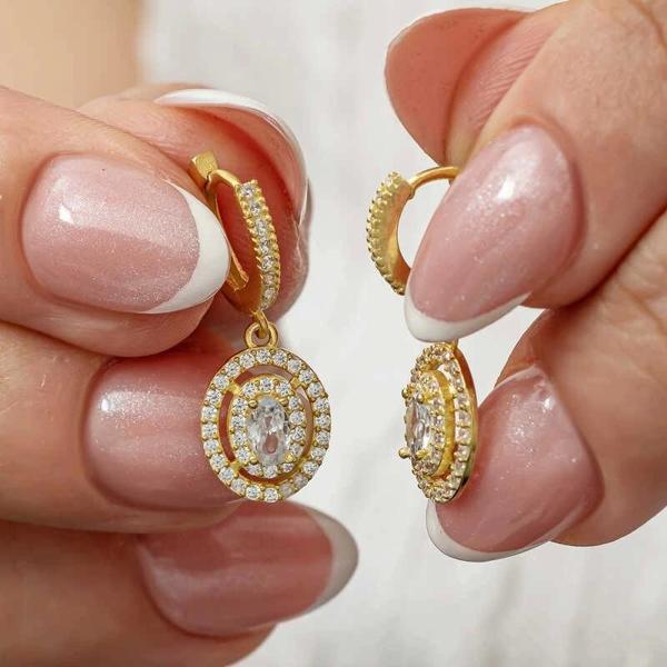 Supertrend Gümüş Gold Oval Taşlı Sallantılı Küpe - Image 1